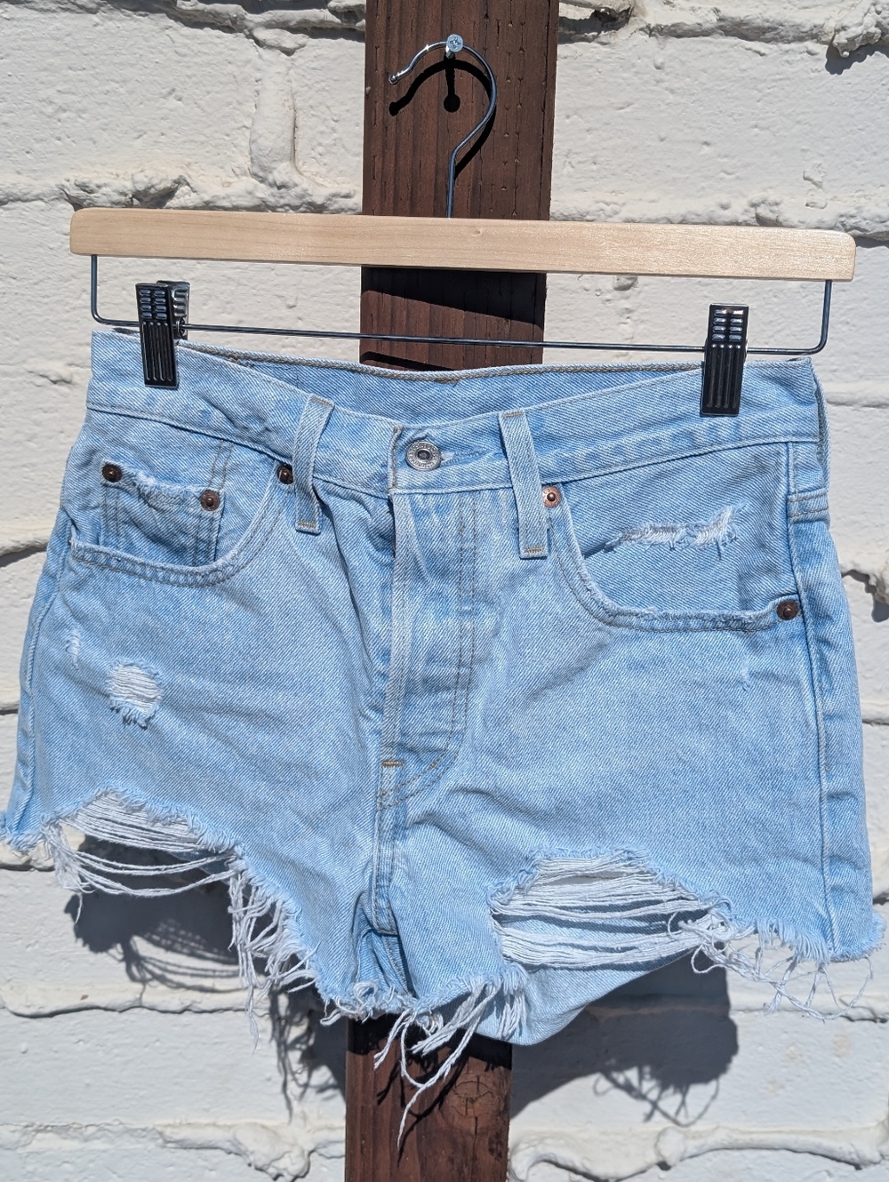 { Levi's } 501 Waterless Cutoffs Denim Shorts Light Blue Destroyed